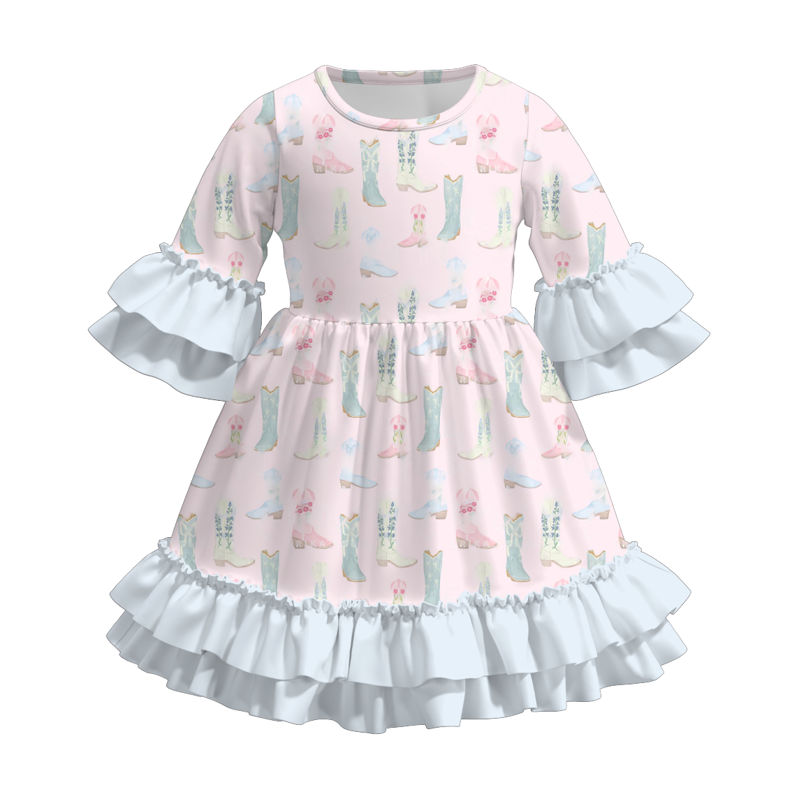 （Pre Order）Girls Fall Farm Chick&Boots Print Ruffle Dress