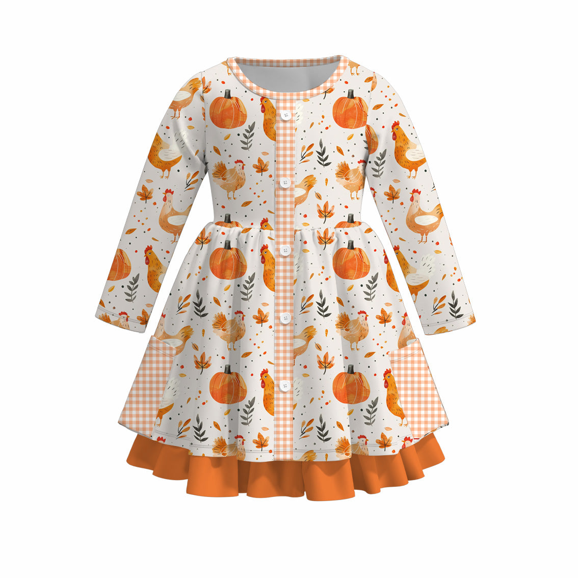 （Pre Order）Family Fall Chick&Pumpkin Print Dress,Pajamas,Romper