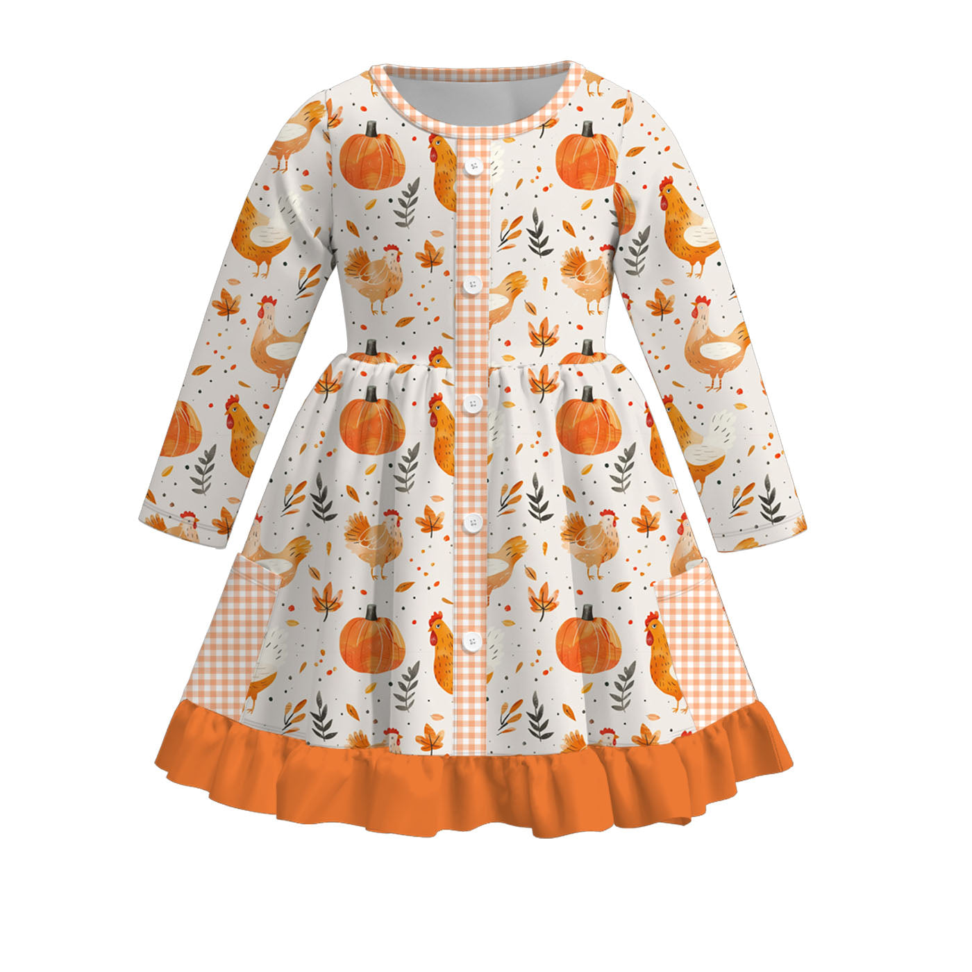 （Pre Order）Family Fall Chick&Pumpkin Print Dress,Pajamas,Romper