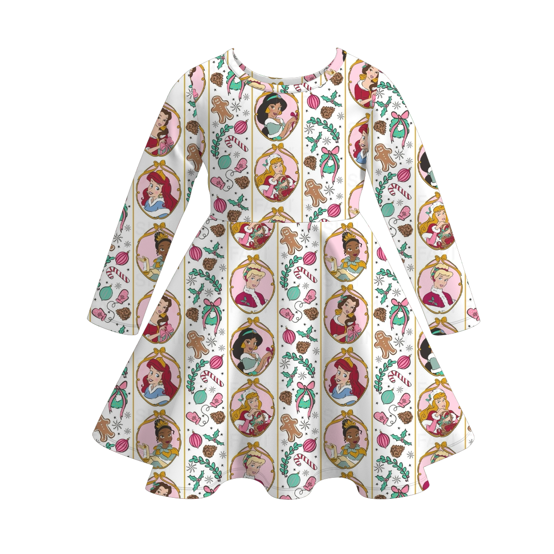 （Pre Order）Girls Christmas Cartoon Print Long Sleeves Dress