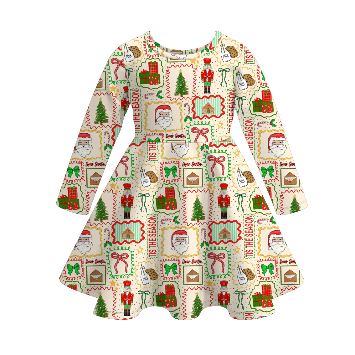 （Pre Order）Girls Christmas Cartoon Print Long Sleeves Dress