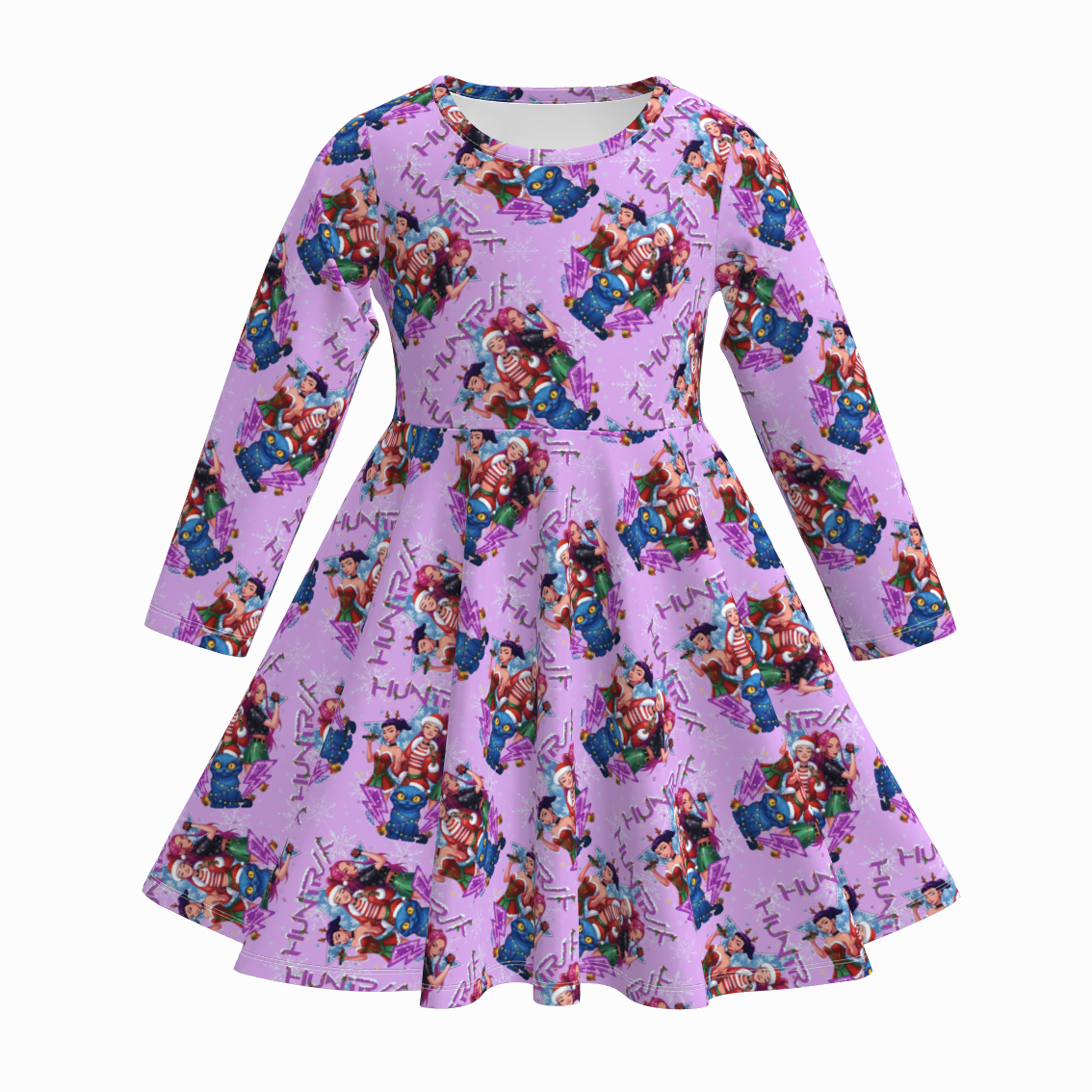 （Pre Order）Girls Christmas Cartoon Print Long Sleeves Dress