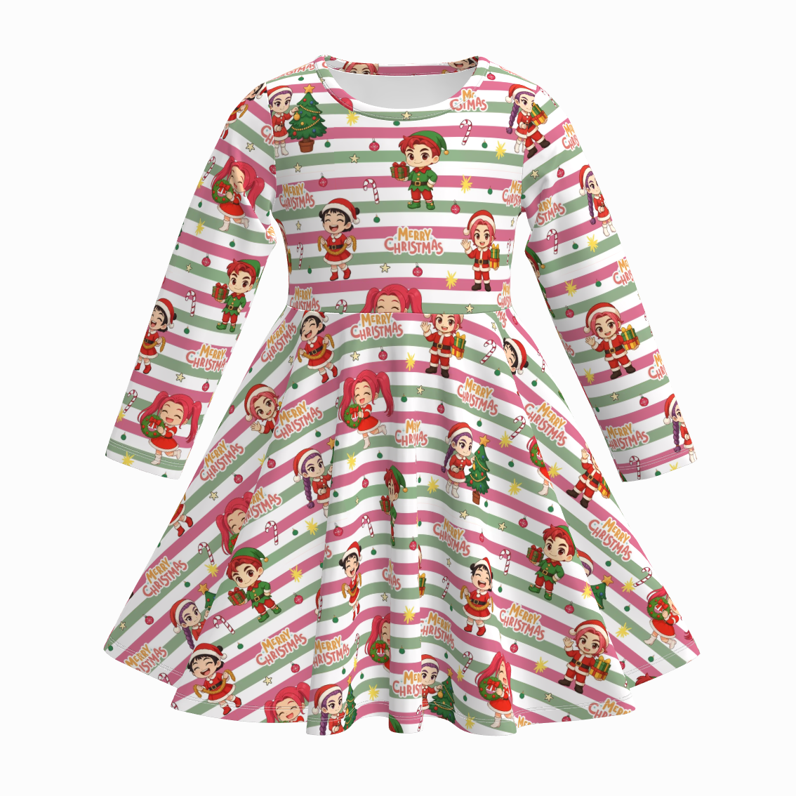 （Pre Order）Girls Christmas Cartoon Print Long Sleeves Dress