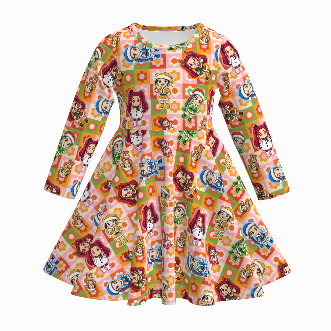 （Pre Order）Girls Christmas Cartoon Print Long Sleeves Dress