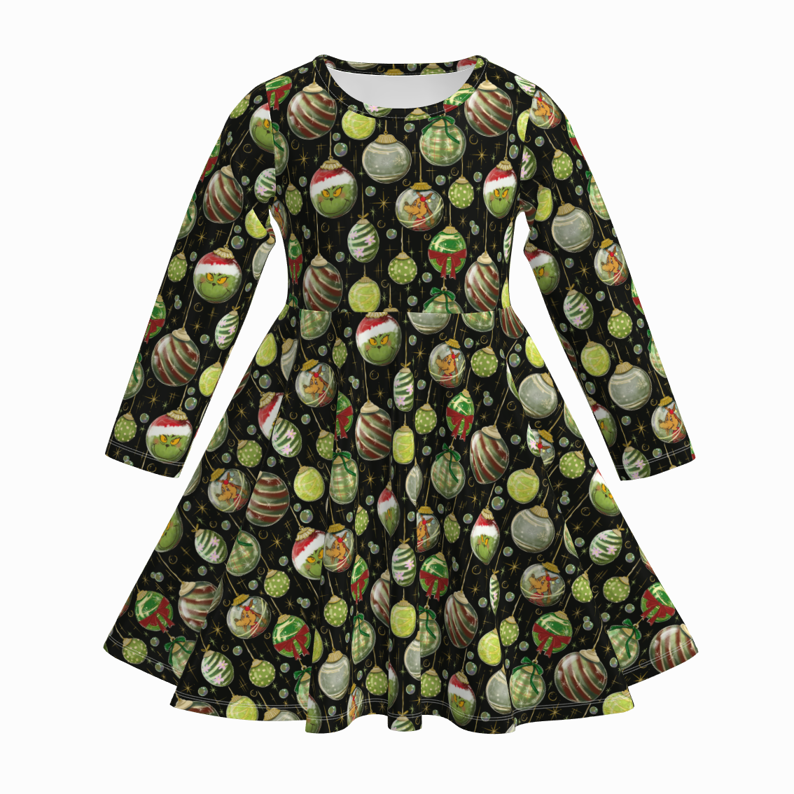 （Pre Order）Girls Christmas Cartoon Print Long Sleeves Dress