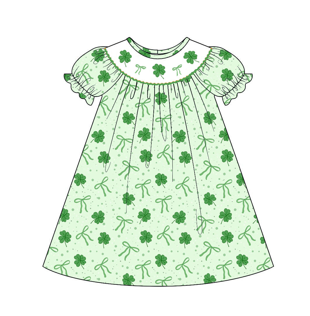 （Pre Order）Sisters St. Patrick's Day Shamrock Embroidery Smocked Dress&Romper