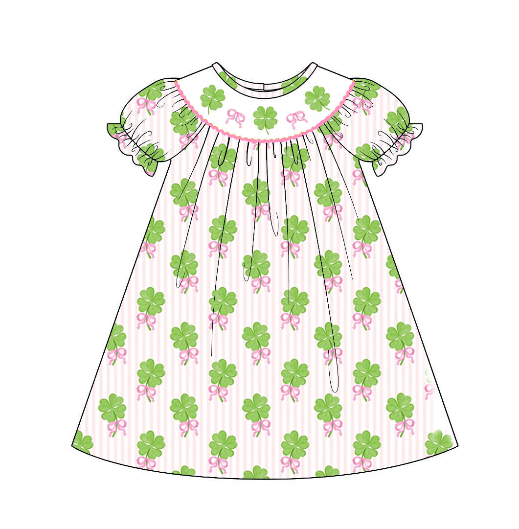 （Pre Order）Sisters St. Patrick's Day Shamrock Embroidery Smocked Dress&Romper