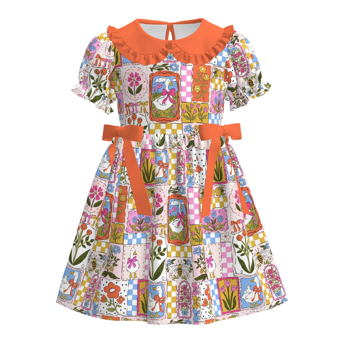 （Pre Order）Girls Spring&Summer Goose Print Doll Collar Dress