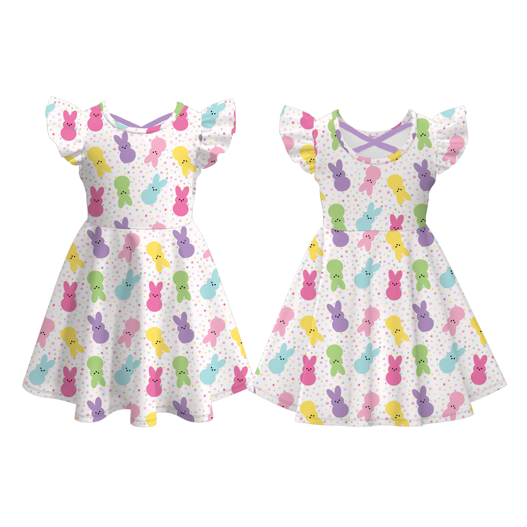 （Pre Order）Girls Easter Bow&Bunny Print Dress&Jumpsuit