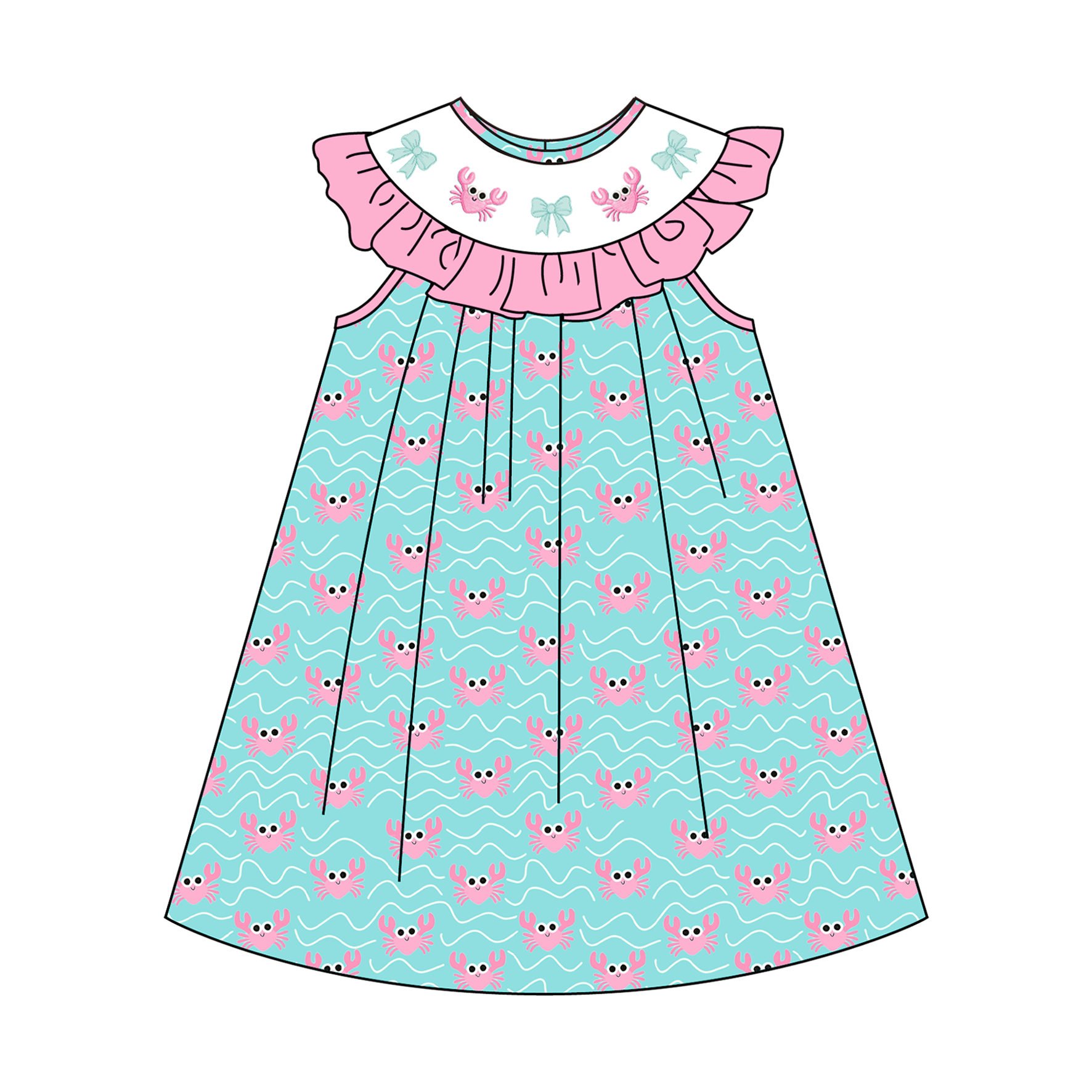 （Pre Order）Siblings Summer Crab Embroidery Smocked Dress,Bloomer Set&Romper