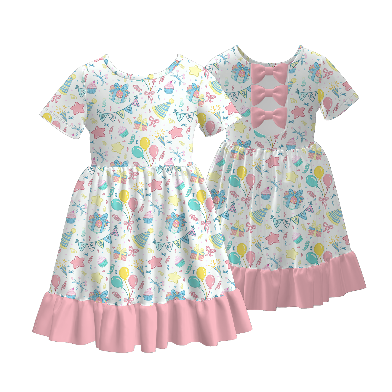 （Pre Order）Girls Spring&Summer Birthday Print Ruffle Dress with Pockets