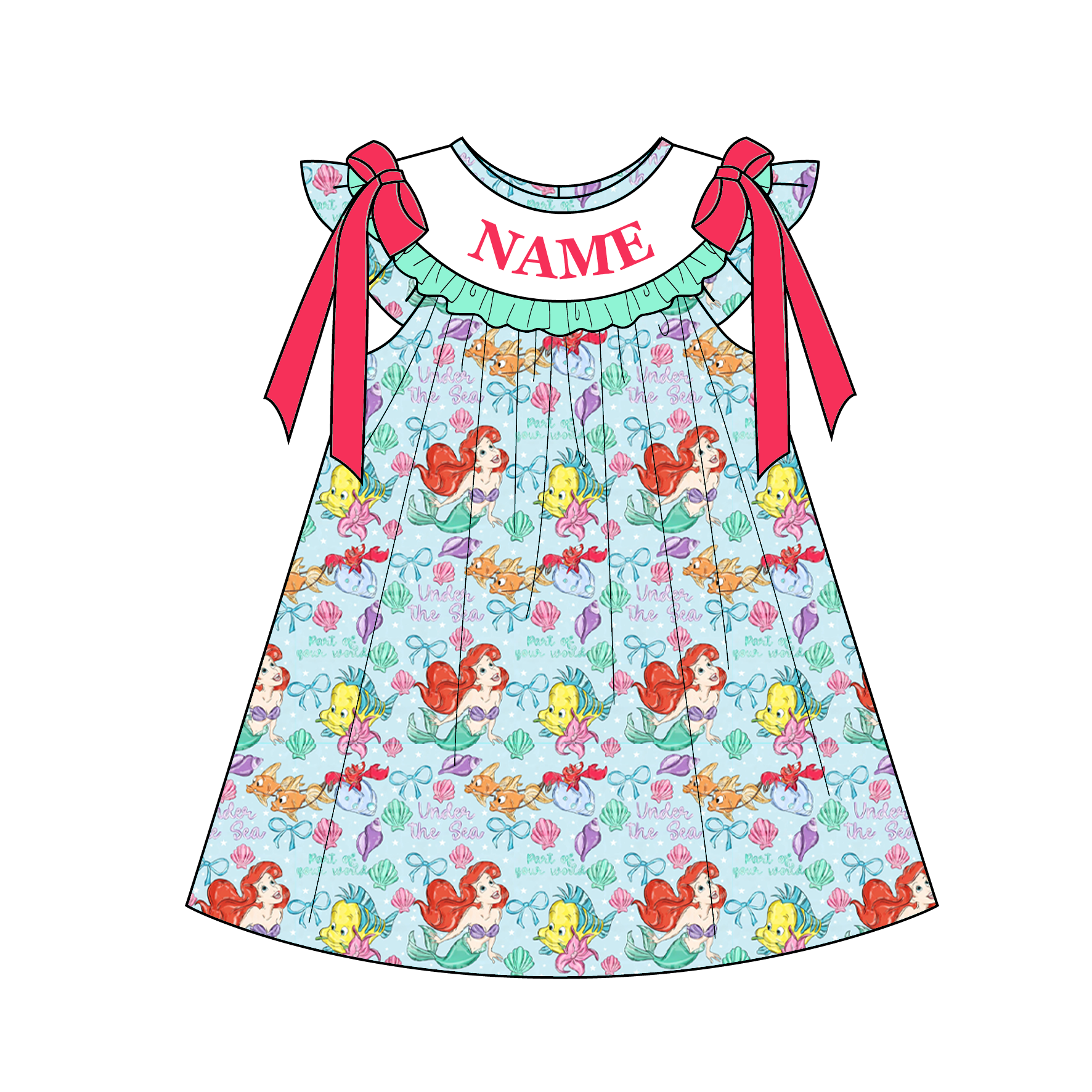（Pre Order）Sisters Spring&Summer Mermaid Embroidery Smocked Dress,Set&Romper-Customized name