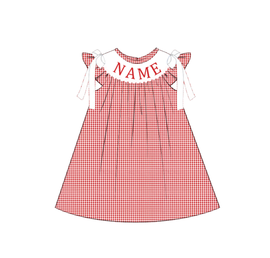 （Pre Order）Siblings Spring&Summer Red Plaid Embroidery Smocked Dress,Set&Romper-Customized name