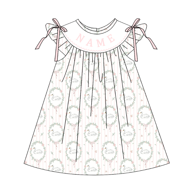（Pre Order）Sisters Spring&Summer Swan Embroidery Smocked Dress&Romper-Customized name