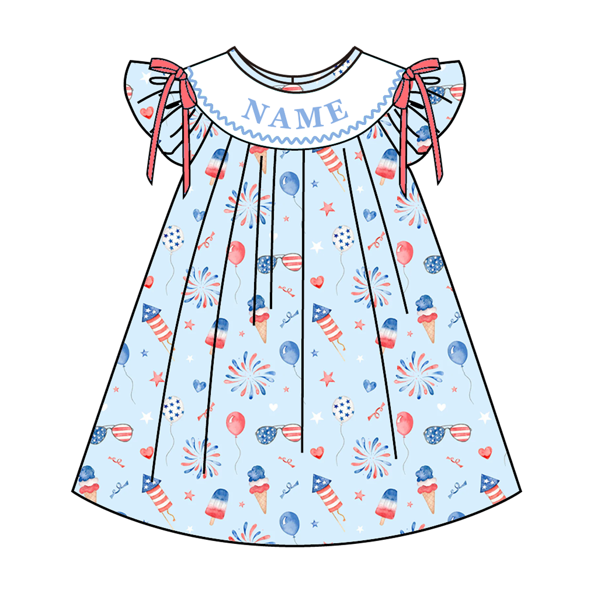 （Pre Order）Sisters Patriotic Embroidery Smocked Dress,Set&Romper-Customized name