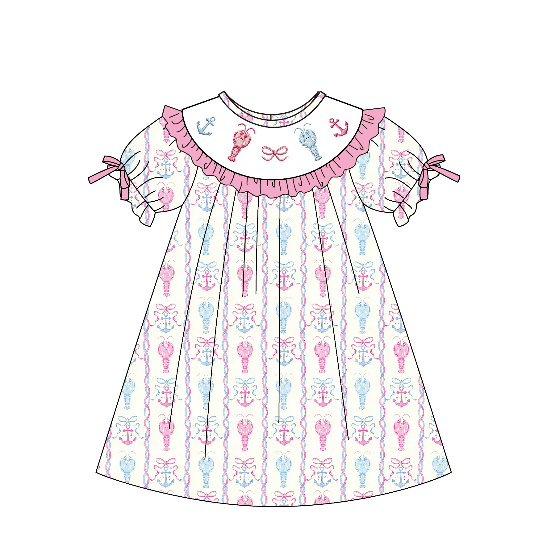 （Pre Order）Siblings Summer Lobster Embroidery Smocked Dress,Set&Romper-Customized name