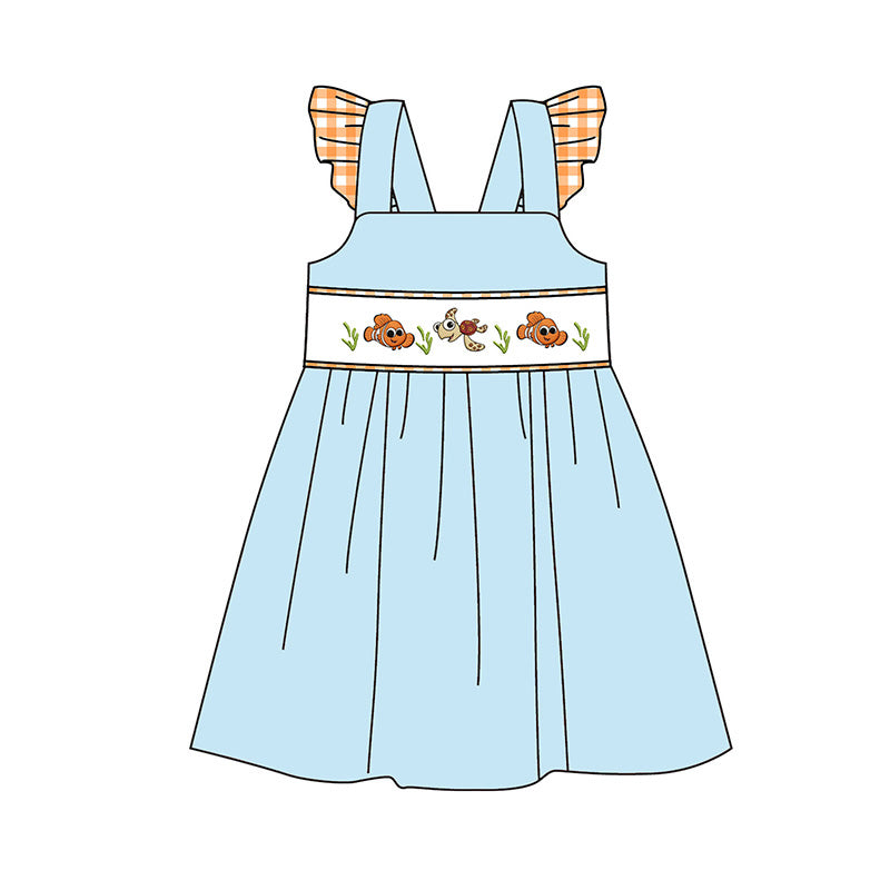 （Pre Order）Siblings Spring&Summer Cartoon Fish Embroidery Smocked Dress,Set&Romper