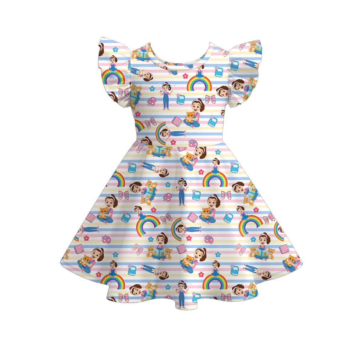 （Pre Order+Prepack Zone）Girls Cartoon Print Flying Sleeves Dress（Mix Size）