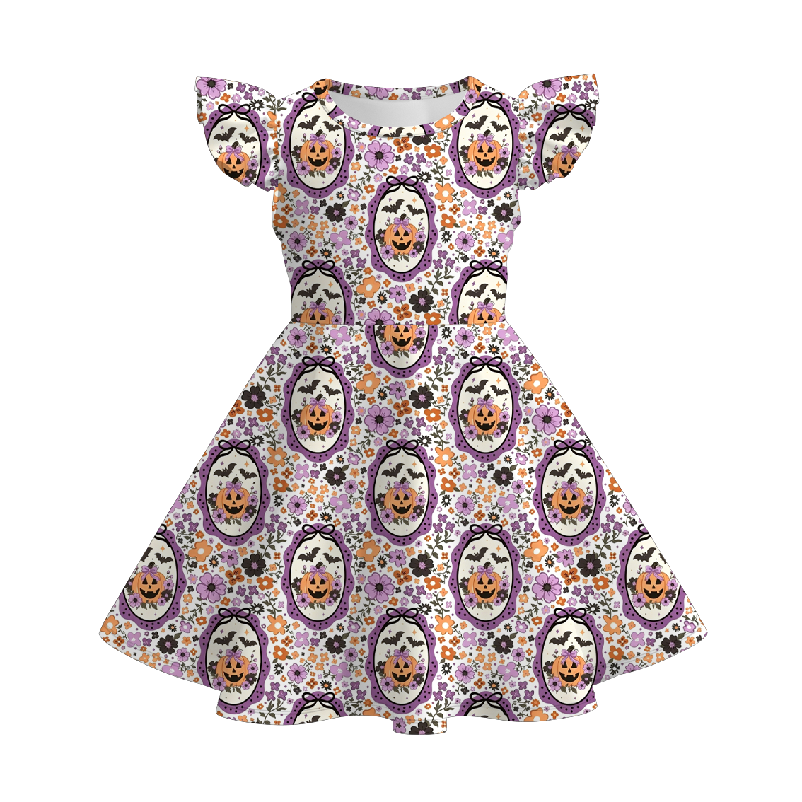 （Pre Order+Prepack Zone）Girls Halloween Pumpkin Print Dress（Mix Size）
