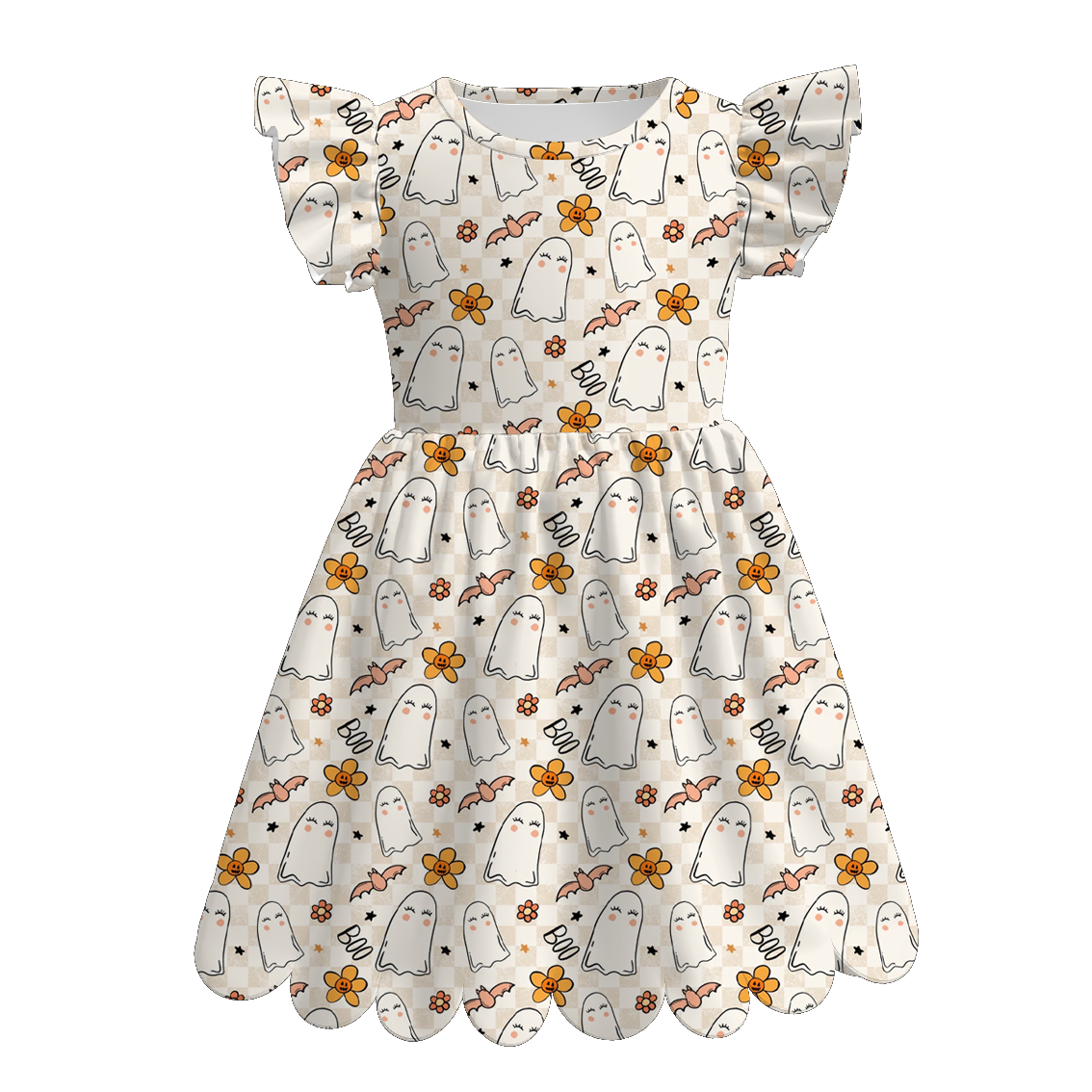 （Pre Order+Prepack Zone）Girls Halloween Ghost Print Scallop Dress