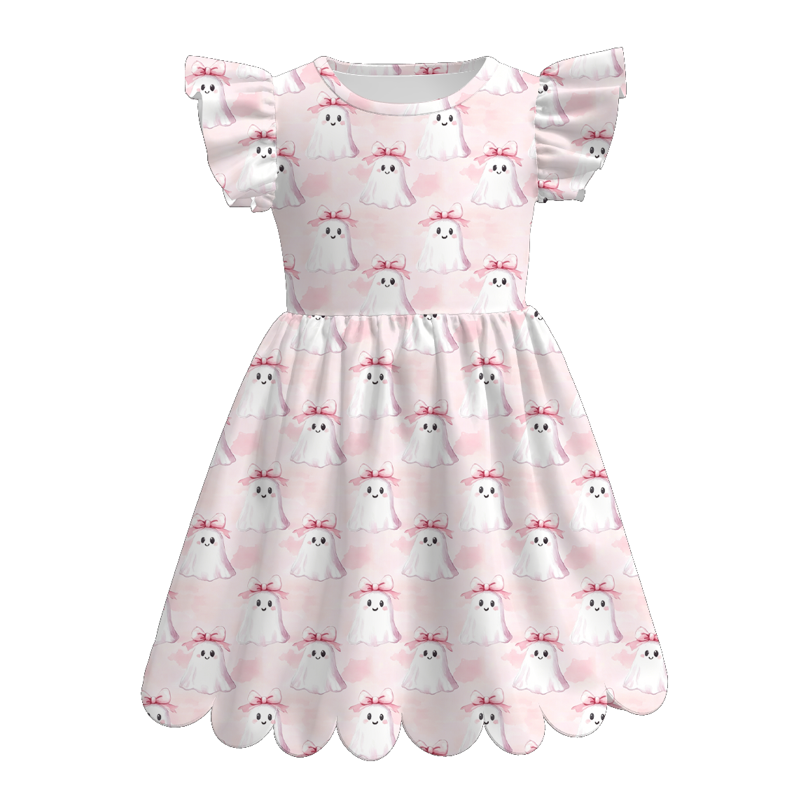 （Pre Order+Prepack Zone）Girls Halloween Ghost Print Scallop Dress