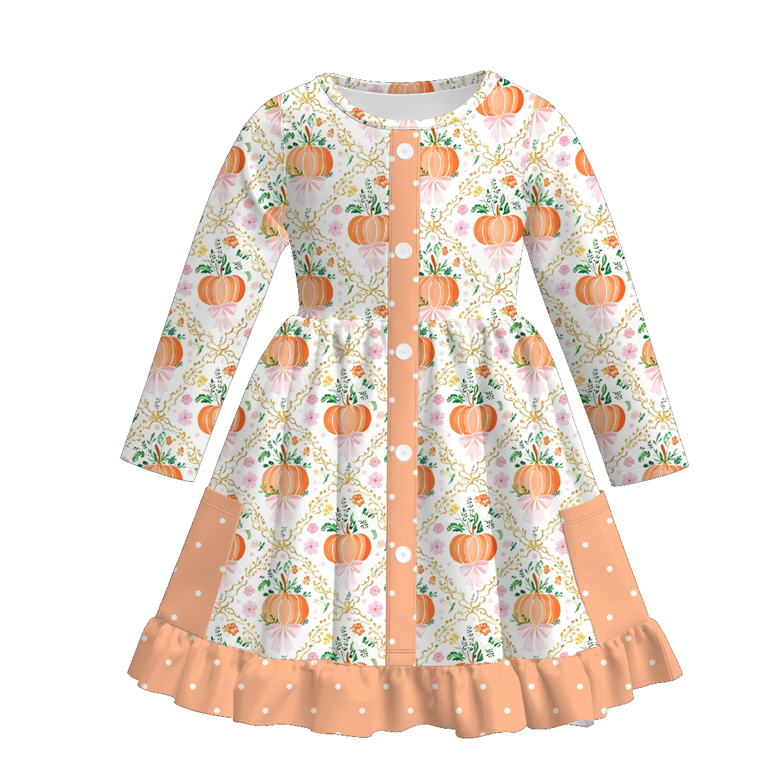 （Pre Order+Prepack Zone）Girls Fall Pumpkin Print Ruffle Dress