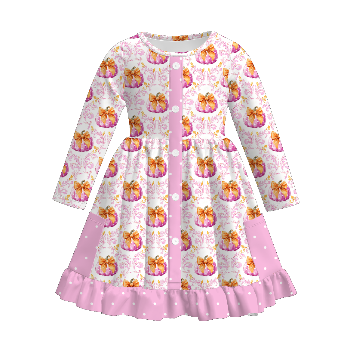（Pre Order+Prepack Zone）Girls Fall Pumpkin Print Ruffle Dress
