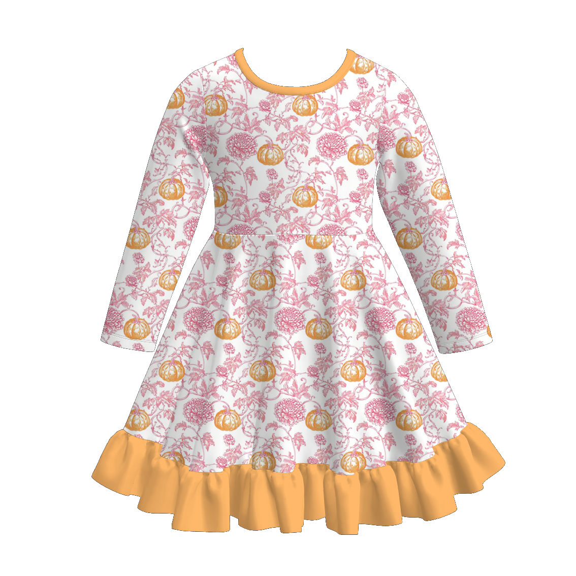 （Pre Order+Prepack Zone）Girls Fall Pumpkin Print Ruffle Dress