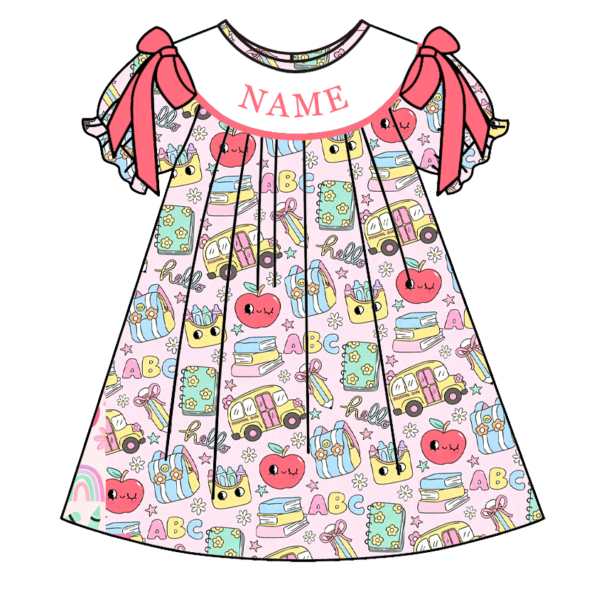 （Pre Order）Girls Summer Back To School Embroidery Smocked Dress&Set