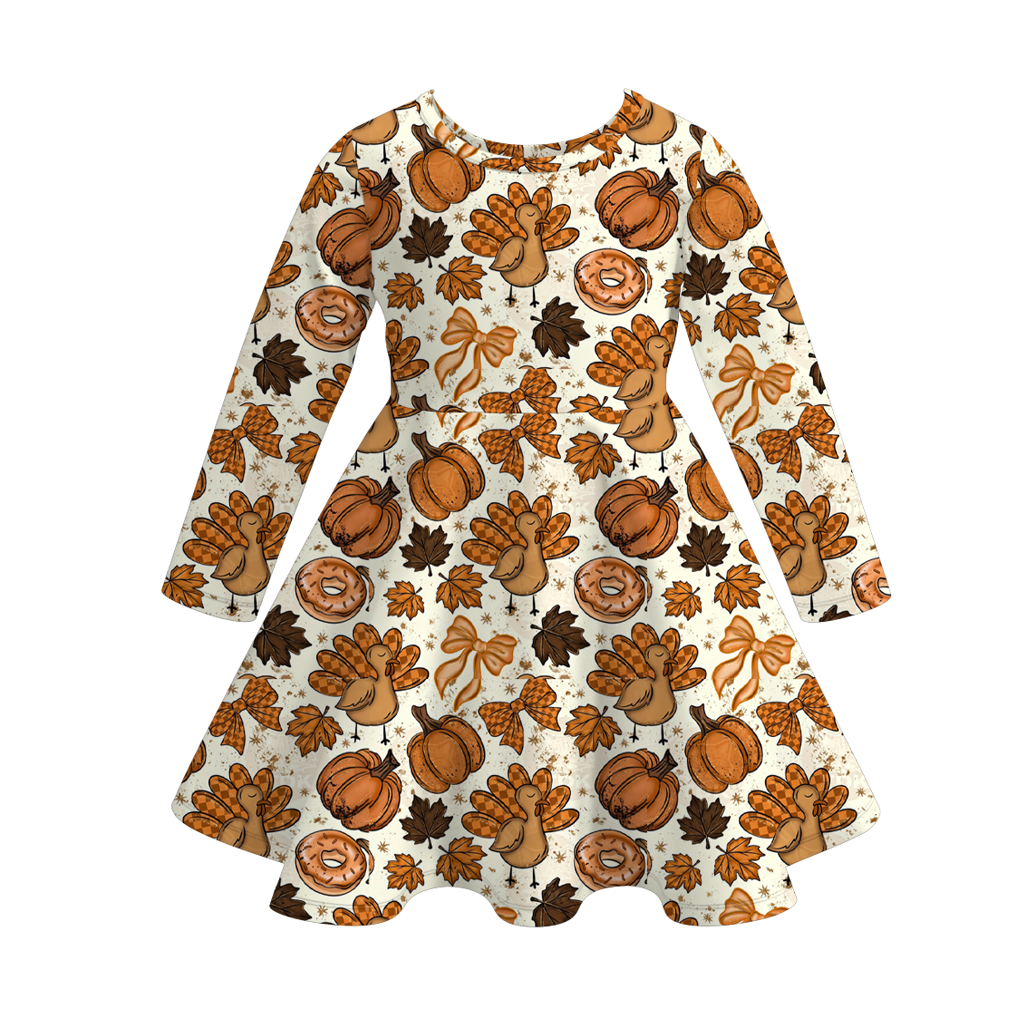 （Pre Order）Girls Fall Turkey Print Dress&Sweatshirt Set