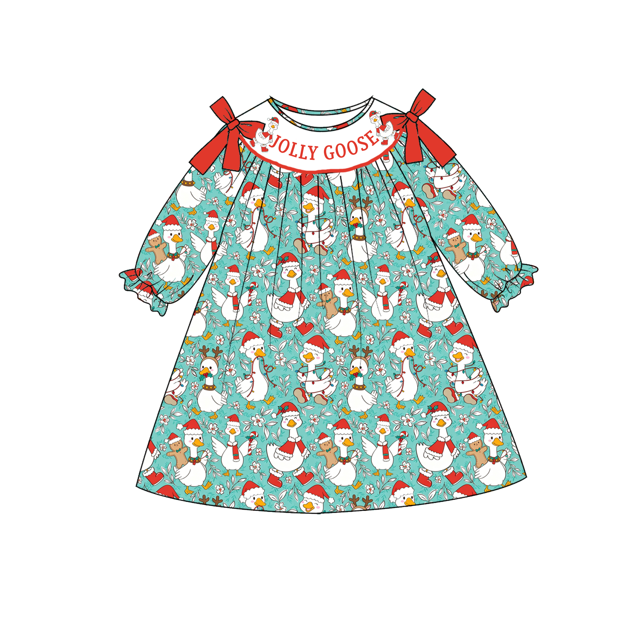 （Pre Order）Girls Christmas Goose Embroidery Smocked Dress&Romper-Customized name