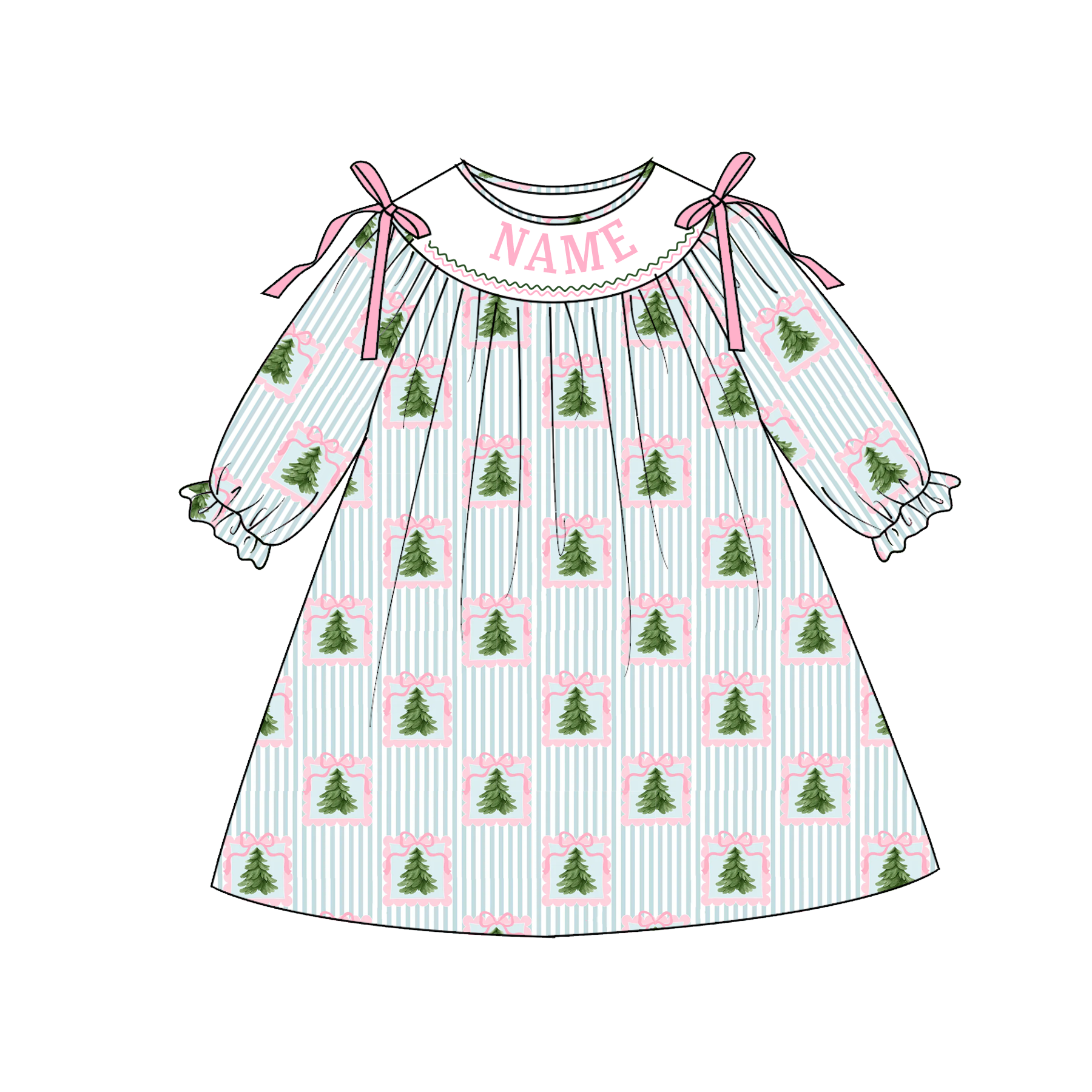 （Pre Order）Girls Christmas Tree Embroidery Smocked Dress&Romper-Customized name