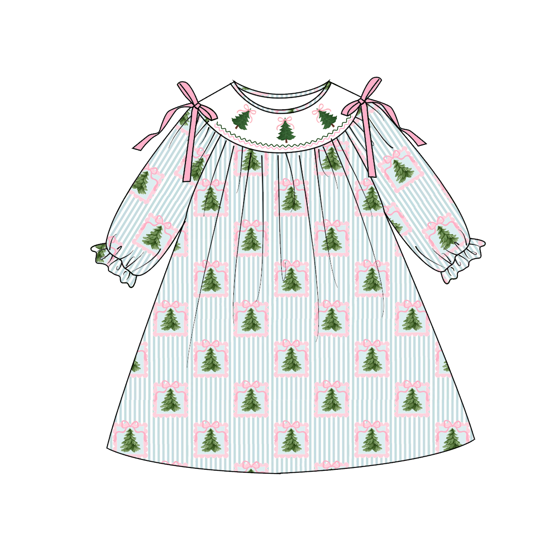 （Pre Order）Girls Christmas Tree Embroidery Smocked Dress&Romper-Customized name