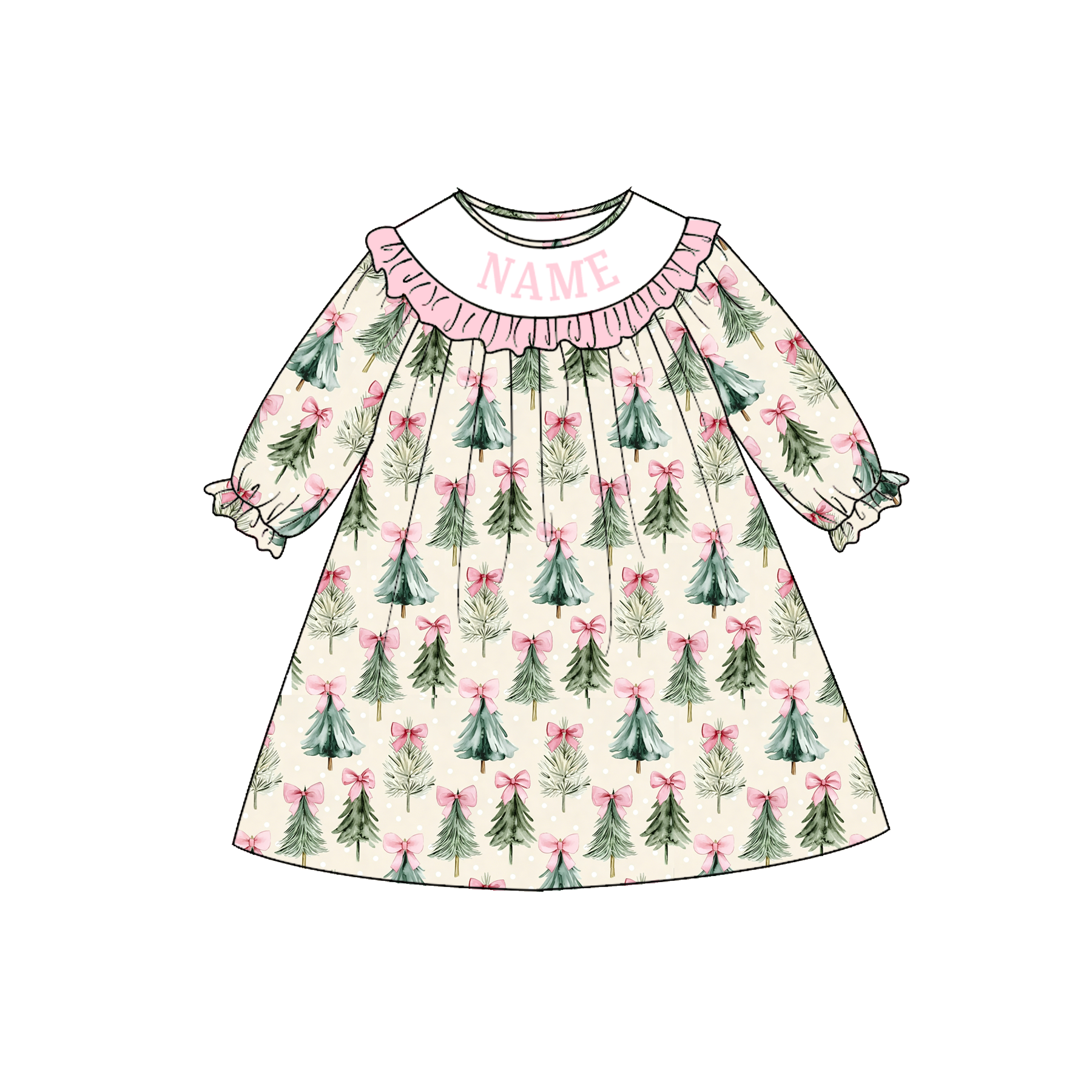 （Pre Order）Girls Christmas Tree Embroidery Smocked Dress&Romper-Customized name