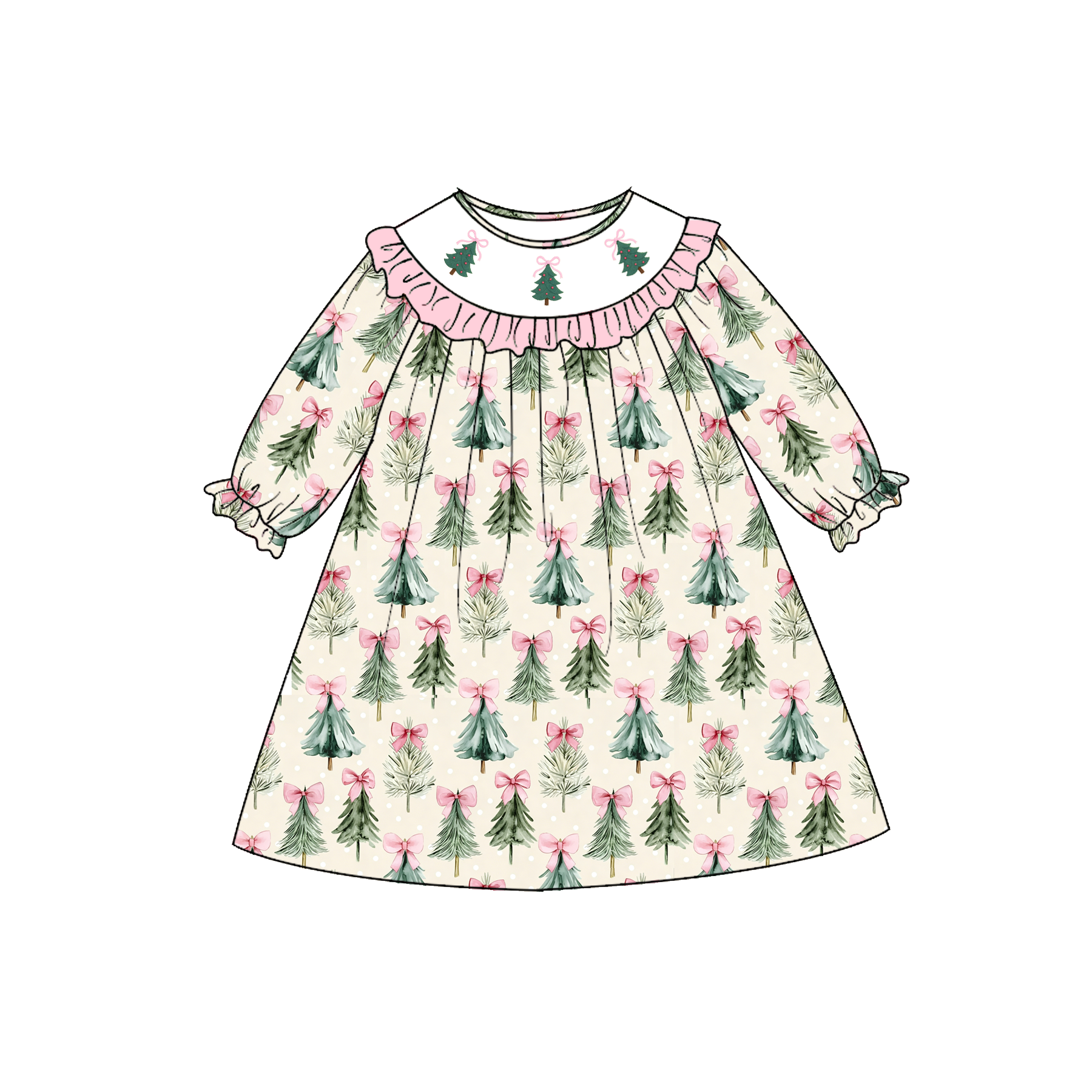 （Pre Order）Girls Christmas Tree Embroidery Smocked Dress&Romper-Customized name
