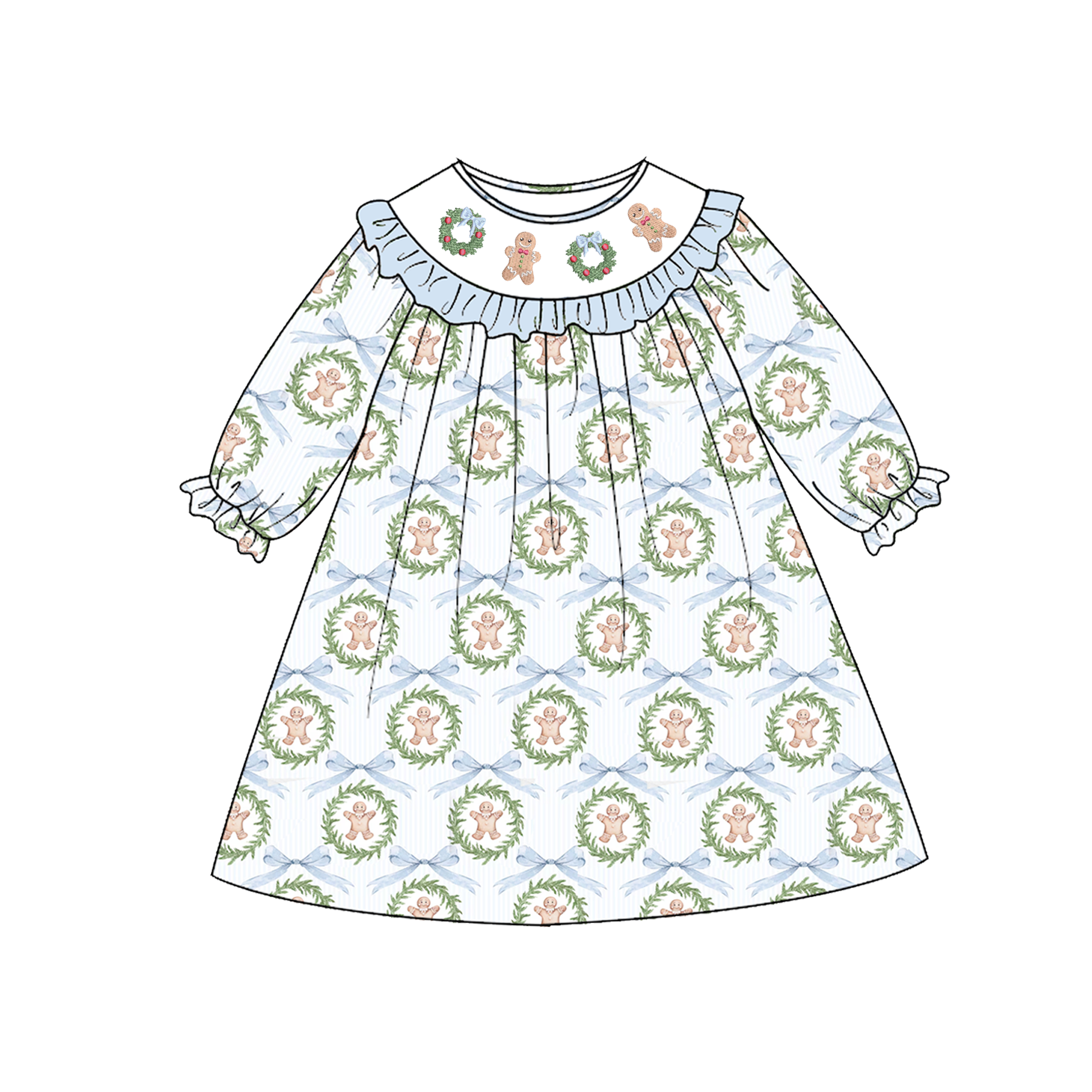 （Pre Order）Girls Christmas Gingerbread Embroidery Smocked Dress&Romper-Customized name
