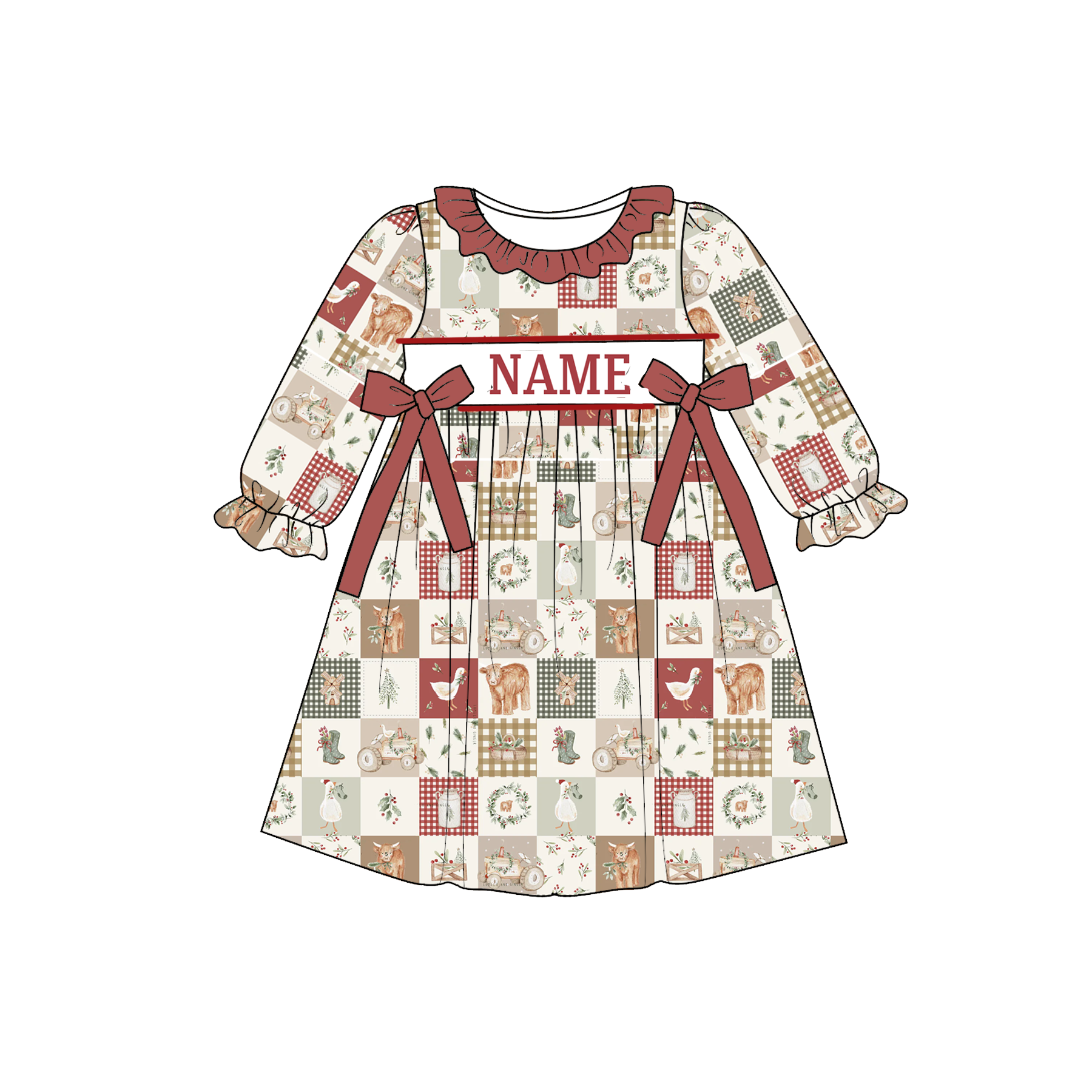 （Pre Order）Girls Christmas Embroidery Smocked Dress&Romper-Customized name
