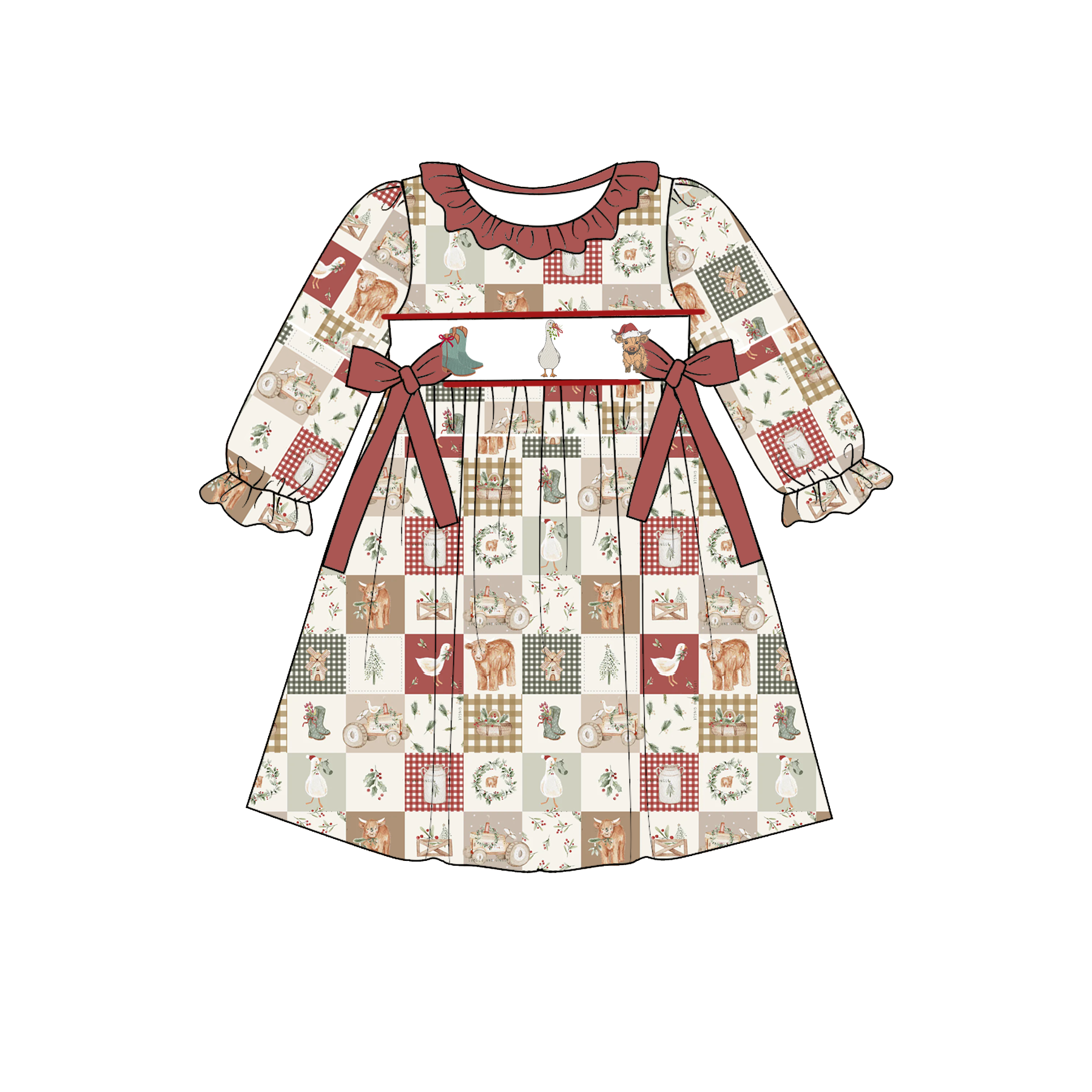 （Pre Order）Girls Christmas Embroidery Smocked Dress&Romper-Customized name