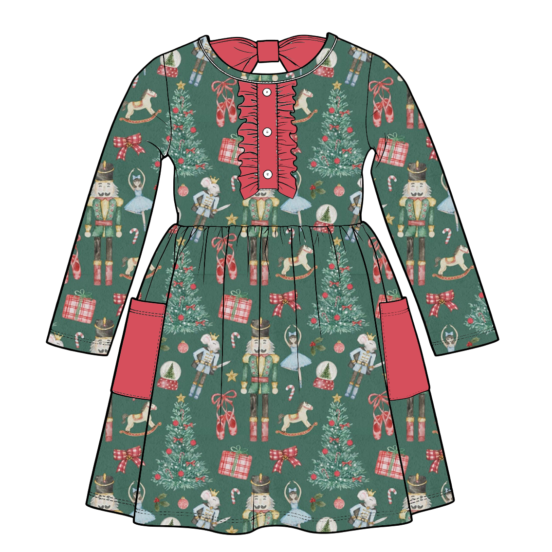 （Pre Order）Girls Christmas Print Dress with Pockets