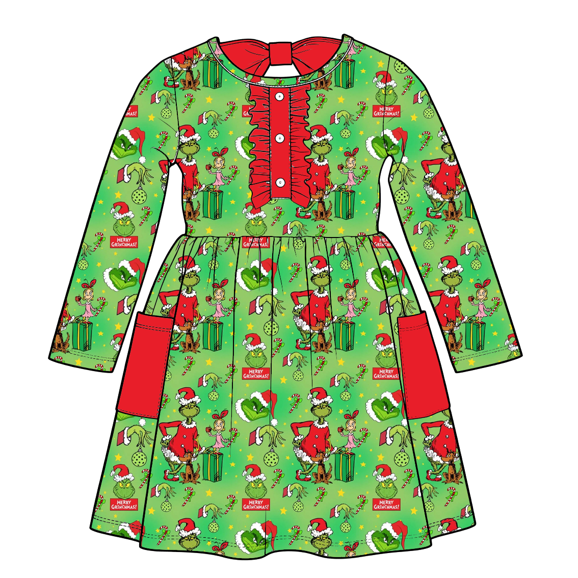 （Pre Order）Girls Christmas Print Dress with Pockets