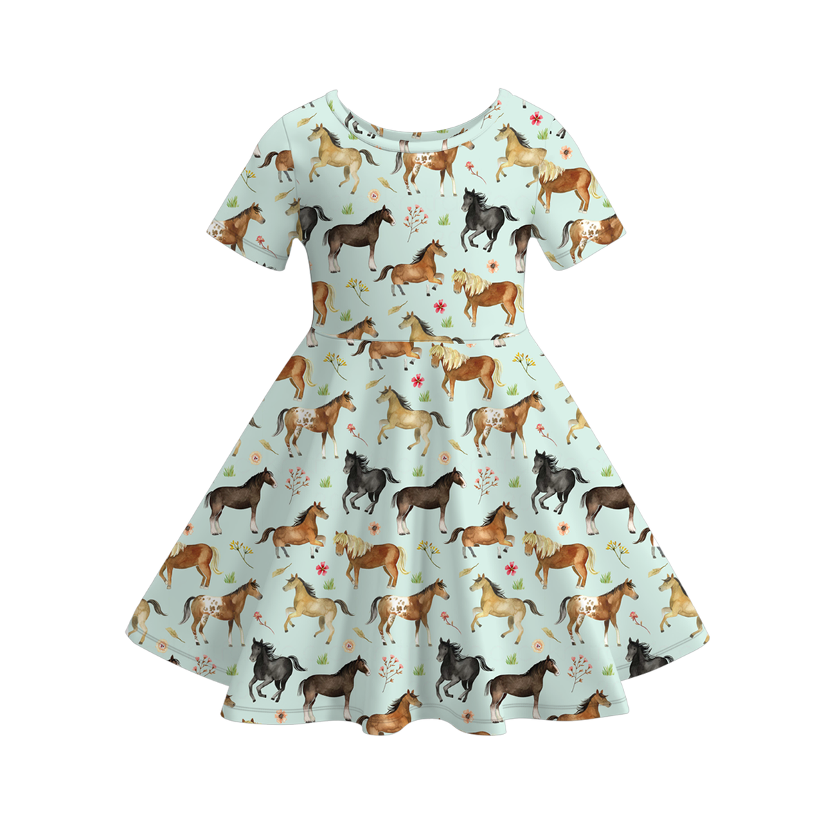 Front view of the mint horse print twirl dress with short sleeves, round neckline, and a full flared skirt.