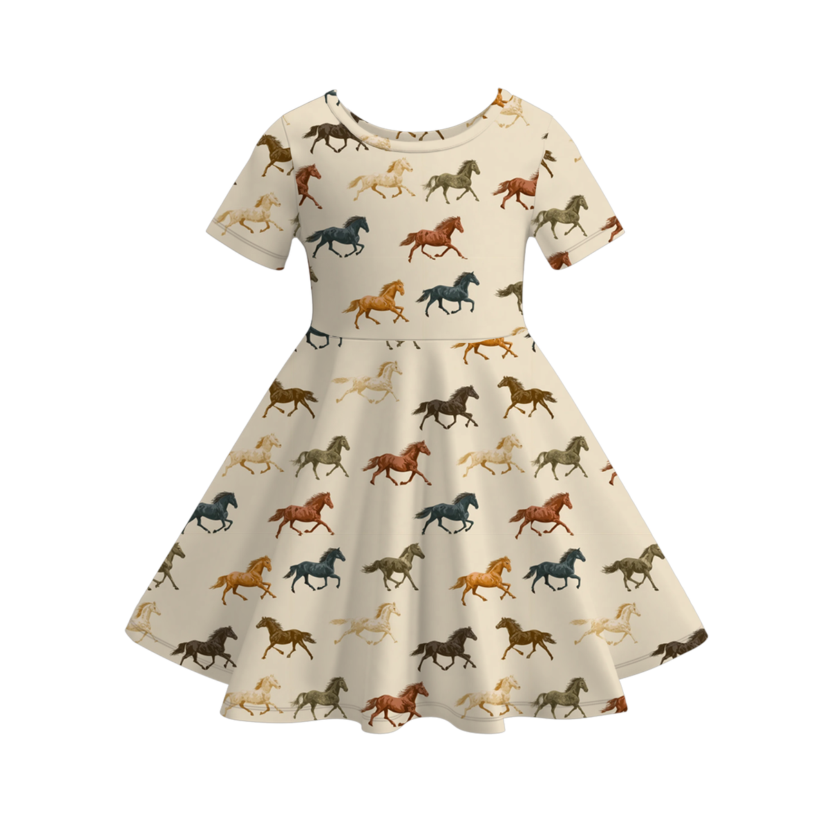 Front view of the cream horse print twirl dress with short sleeves and a full, flared circle skirt.