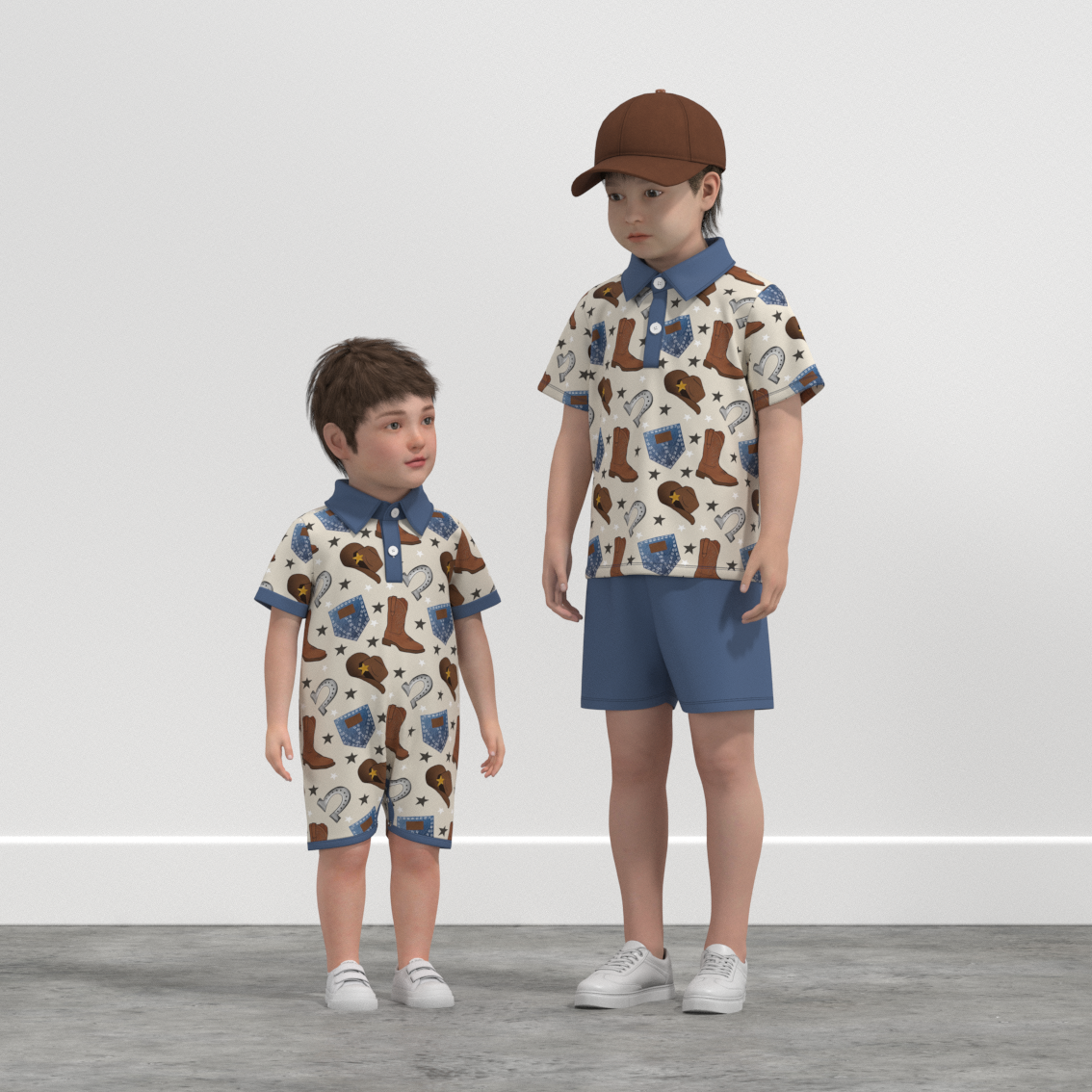 （Pre Order）Brothers Spring and Summer Cowboy Print Romper＆Top