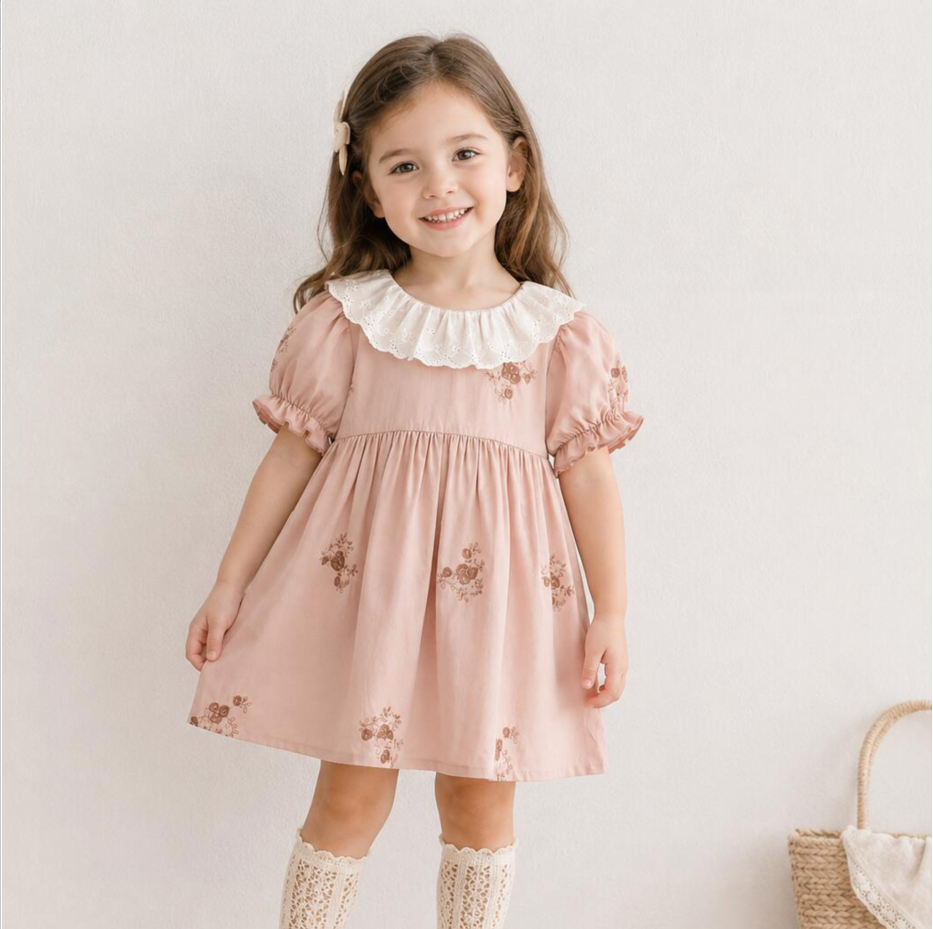 （In Production）Girls Fall Floral Embroidery Lace Collar Dress