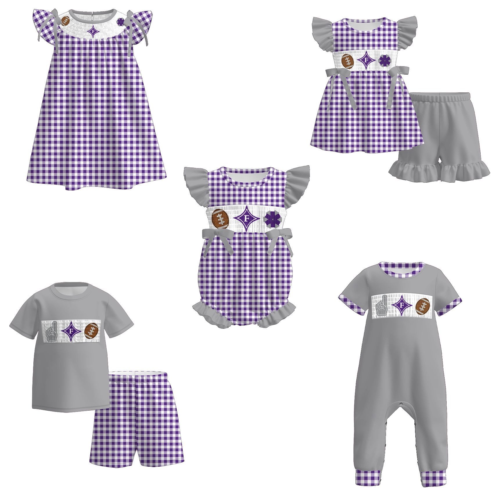 （Pre Order）Family Football Furman Embroidery Smocked Dress,Set&Romper