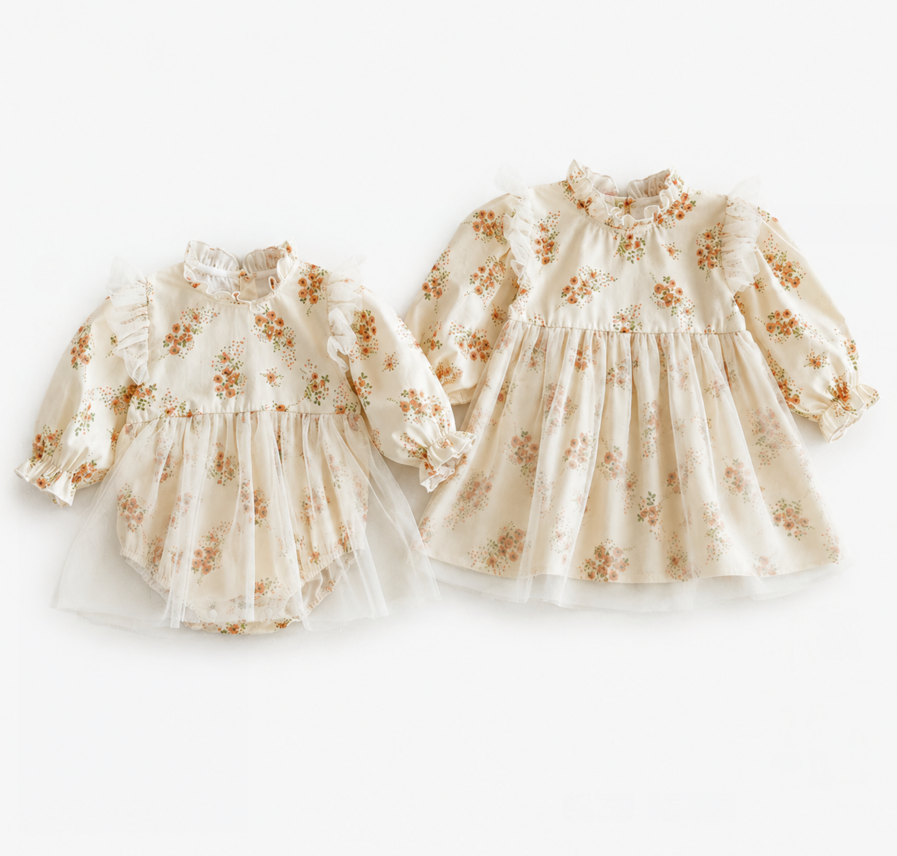 （In Production）Sisters Fall Floral Print Lace Ruffle Dress&Romper