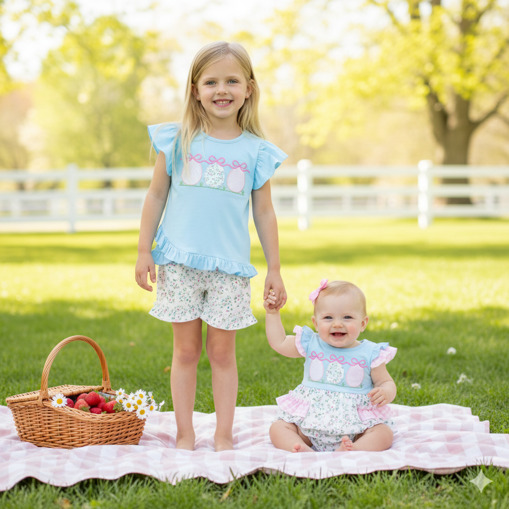 （In Stock）Girls Easter Applique Ruffle Shorts Set