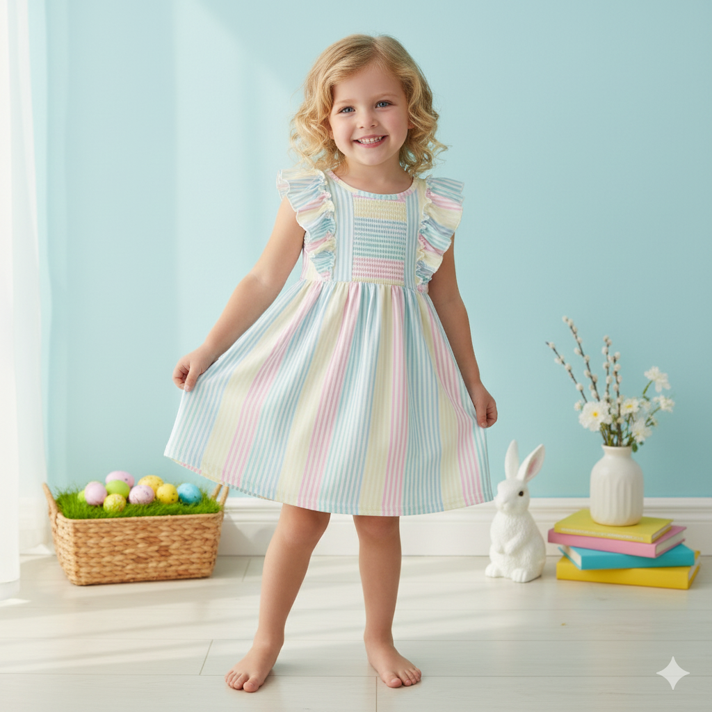 （In Stock）Girls Easter Ruffle Smocked Dress