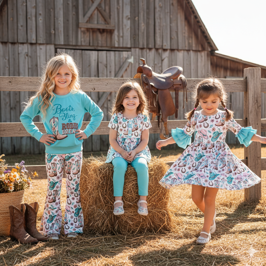 （Pre Order,Prepack Zone）Girls Spring&Summer Boots Print Dress&Set（Mix Size）