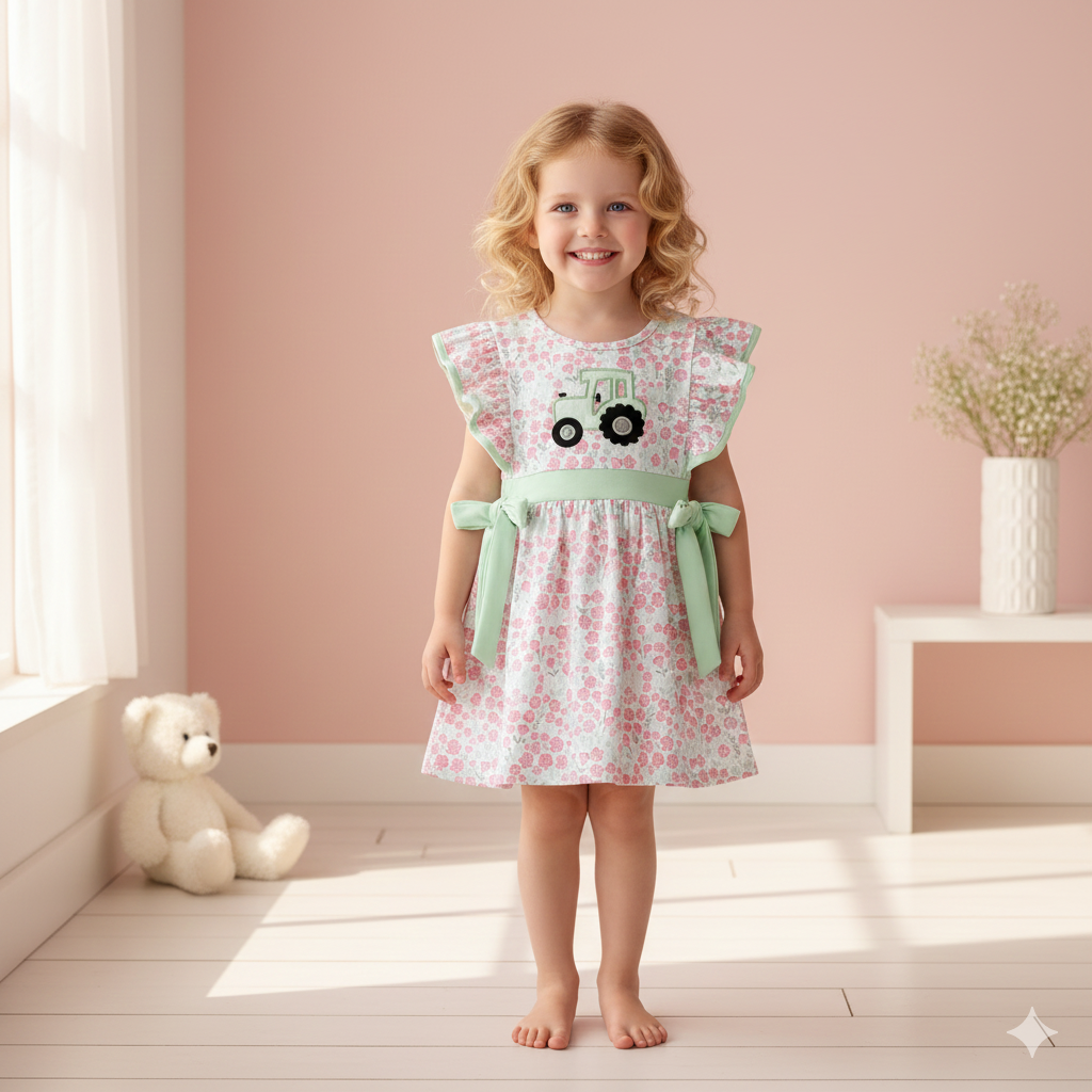 （In Stock）Girls Spring&Summer Applique Ruffle Dress